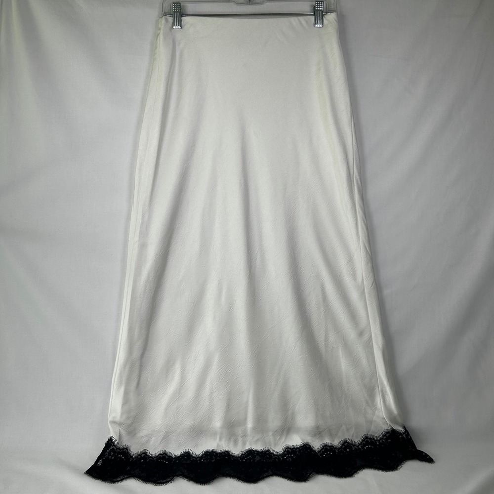 White Black Lace Trim Slip Midi Skirt S Coquette Goth Chic Retro